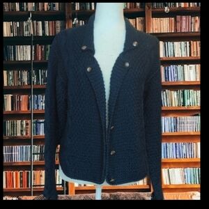 Designer wool Cardigan Navy Warm Preppy blue chunky Hand Knit In Italy sz M